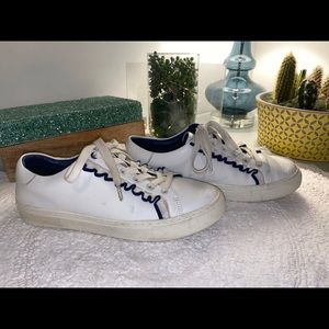 Tory Burch deep blue ruffle, white sneaker